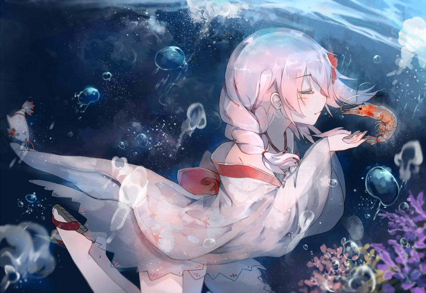 1girl blush braid bubble closed_mouth coral cupping_hands dutch_angle flower from_side hair_flower hair_ornament highres ivy1993 japanese_clothes kimono long_hair parted_lips pink_hair profile sandals sergestid_shrimp_in_tungkang shrimp single_braid underwater water xuan_ying