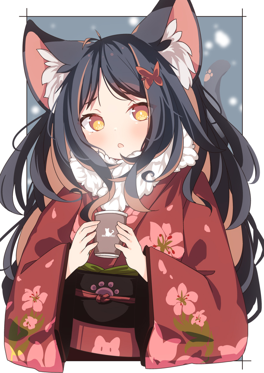1girl animal_ear_fluff animal_ears black_hair blush brown_eyes brown_hair butterfly_hair_ornament cat_ears cat_girl cat_tail commentary_request cropped_torso cup daidai_ookami disposable_cup floral_print fur_collar hair_ornament hairclip highres holding holding_cup japanese_clothes kimono long_hair long_sleeves looking_at_viewer multicolored_hair obi original parted_lips print_kimono red_kimono sash solo steam tail two-tone_hair upper_body very_long_hair wide_sleeves
