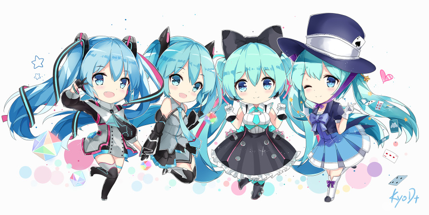 4girls aqua_eyes aqua_hair artist_name blue_eyes blue_hair chibi commentary_request detached_sleeves gloves hat hatsune_miku highres holding_hands k.syo.e+ long_hair magical_mirai_(vocaloid) multiple_girls necktie one_eye_closed open_mouth skirt smile thigh-highs twintails v very_long_hair vocaloid white_gloves