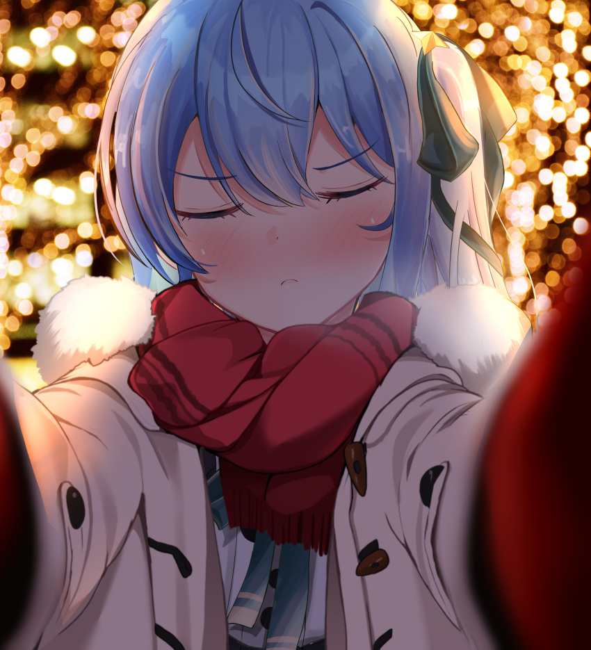 1girl absurdres blue_hair blush christmas_lights closed_eyes closed_mouth coat duffel_coat gloves highres hololive hoshimachi_suisei kurenaiaoi0 long_hair looking_at_viewer meme pov_cheek_warming_(meme) reaching reaching_towards_viewer red_gloves red_scarf scarf side_ponytail solo virtual_youtuber white_coat