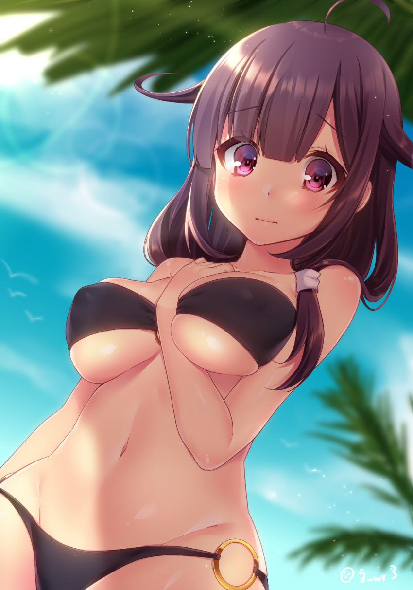 1girl ahoge alternate_costume arm_at_side between_breasts breasts from_below groin hair_flaps hand_between_breasts highres jiiwara kantai_collection large_breasts long_hair looking_at_viewer o-ring_bikini o-ring_bottom o-ring_top outdoors palm_leaf palm_tree purple_hair red_eyes solo taigei_(kantai_collection) tree under_boob upper_body wavy_mouth