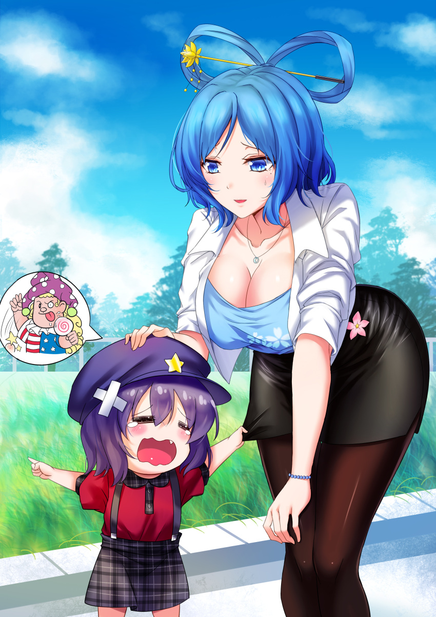 3girls :p =_= absurdres alternate_costume american_flag_shirt bandages blonde_hair blue_eyes blue_hair bracelet breasts candy cleavage clownpiece clownpiece_(cosplay) contemporary crying doraemon fang gouda_takeshi hair_ornament hand_on_another's_head hat head_bump highres jewelry kaku_seiga koissa large_breasts leaning_forward licking lollipop mature miniskirt miyako_yoshika mole mole_under_eye multiple_girls necklace open_mouth pantyhose parody pencil_skirt plaid pointing purple_hair skirt skirt_tug star suspenders sweatdrop tears tongue tongue_out touhou wavy_mouth younger
