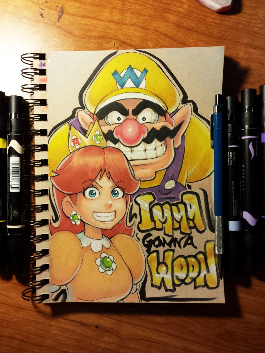 1boy 1girl blue_eyes brown_hair catchphrase crown earrings english facial_hair grin hat highres jewelry long_hair looking_at_viewer super_mario_bros. mario_party mustache omar_dogan overalls pointy_ears princess_daisy sketchbook smile traditional_media wario