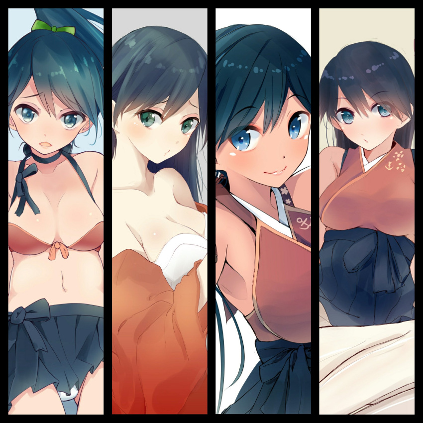 1girl adapted_costume alternate_costume alternate_hairstyle bikini black_hair blue_eyes breasts cleavage closed_mouth eyebrows eyebrows_visible_through_hair hakama hakama_skirt highres houshou_(kantai_collection) japanese_clothes kantai_collection long_hair looking_at_viewer open_mouth ponytail solo swimsuit tebi_(tbd11)