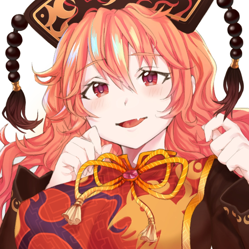 1girl blush chinese_clothes cpqm face fang hat highres junko_(touhou) long_hair open_mouth orange_hair portrait red_eyes simple_background smile solo tabard touhou white_background