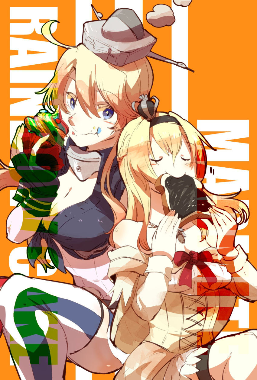 2girls ahoge american_flag_legwear bare_shoulders blonde_hair blue_eyes blush braid bread breasts cleavage closed_eyes commentary_request corset crown dessert dress eating elbow_gloves fingerless_gloves flag_print flower food food_on_face french_braid front-tie_top garter_straps gloves hair_between_eyes hairband headgear highres iowa_(kantai_collection) jewelry kantai_collection large_breasts long_hair long_sleeves marmite mini_crown multiple_girls necklace off_shoulder red_ribbon red_rose ribbon rose smile smoke star star-shaped_pupils striped striped_legwear symbol-shaped_pupils takatsuki_nato thigh-highs vertical-striped_legwear vertical_stripes warspite_(kantai_collection) white_dress white_legwear