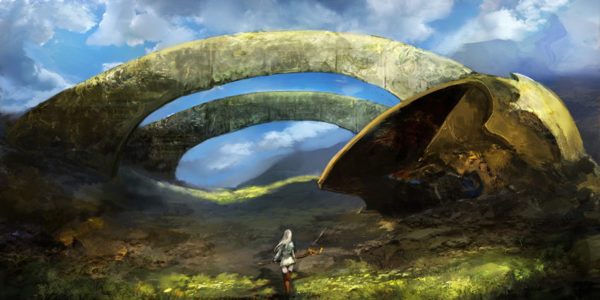 1girl arch blonde_hair boots clouds jellybox long_hair mountain ruins sky staff thigh-highs thigh_boots wind