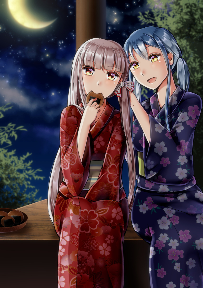 2girls :d adjusting_hair alternate_costume alternate_hairstyle blue_hair crescent_moon eating floral_print food_in_mouth fujiwara_no_mokou full_moon hand_in_another's_hair hand_on_lap highres japanese_clothes kamishirasawa_keine kimono leaning_over long_hair looking_at_another low_twintails moon multiple_girls night night_sky obi open_mouth outdoors sash satomi_nori senbei sidelocks silver_hair sitting sky smile star_(sky) touhou tray tree twintails tying_hair very_long_hair yellow_eyes yukata