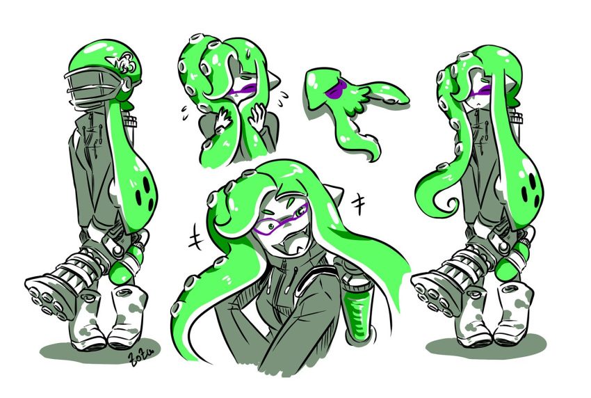 1girl artist_name boots character_sheet commentary covering_face domino_mask double_(zoza) fangs flying_sweatdrops football_helmet full_body fusion green_eyes green_hair helmet holding holding_weapon ink_tank_(splatoon) inkling jacket long_hair long_sleeves looking_at_viewer mask mini_splatling_(splatoon) octarian octopus open_mouth shy signature smile solo splatoon squid standing takozonesu tentacle_hair upper_body weapon zoza