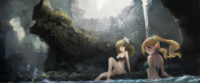 2girls arm_support bikini blonde_hair blue_eyes bow cave elf flower from_behind green_eyes hair_bow hair_flower hair_ornament highres jellybox lily_(flower) looking_back multiple_girls partially_submerged pointy_ears ruins sitting standing swimsuit twintails water waterfall