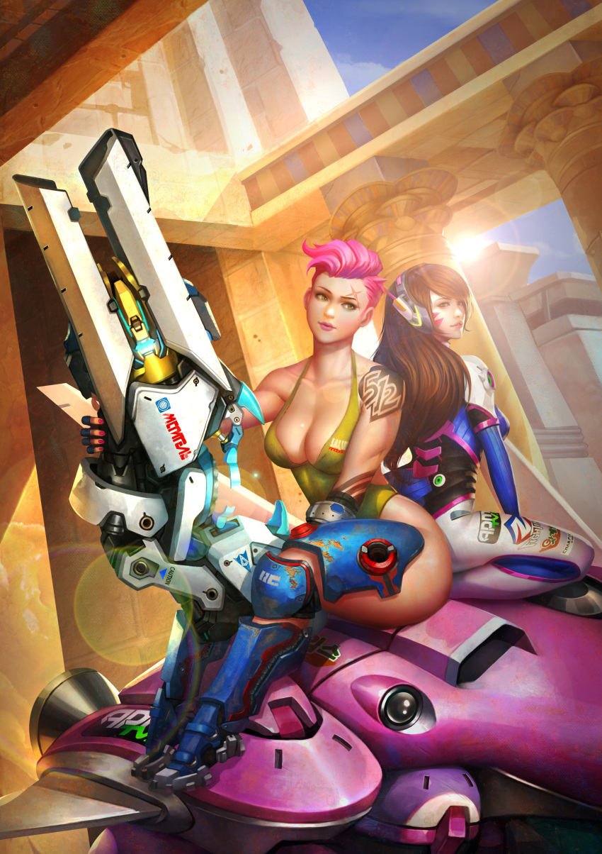 2girls absurdres alternate_costume alternate_eye_color arm_tattoo armor armored_boots bangs bare_shoulders between_legs blue_boots blue_eyes blue_gloves bodysuit boots breasts brown_hair casual_one-piece_swimsuit cleavage closed_mouth d.va_(overwatch) emblem energy_gun eyelashes facepaint facial_mark fingerless_gloves fingernails gloves gravity_gun green_swimsuit gun hand_between_legs headphones highres holding holding_gun holding_weapon knee_boots kneeling large_breasts lens_flare lips lipstick logo long_hair long_sleeves makeup mecha medium_breasts meka_(overwatch) multiple_girls nail_polish one-piece_swimsuit overwatch parted_lips pauldrons pilot_suit pink_hair pink_lips pink_lipstick pink_nails railgun ribbed_bodysuit scar scar_across_eye short_hair shoulder_pads sitting skin_tight smile swimsuit tattoo thigh-highs thigh_boots thrusters tin_bui turtleneck weapon whisker_markings zarya_(overwatch) zipper