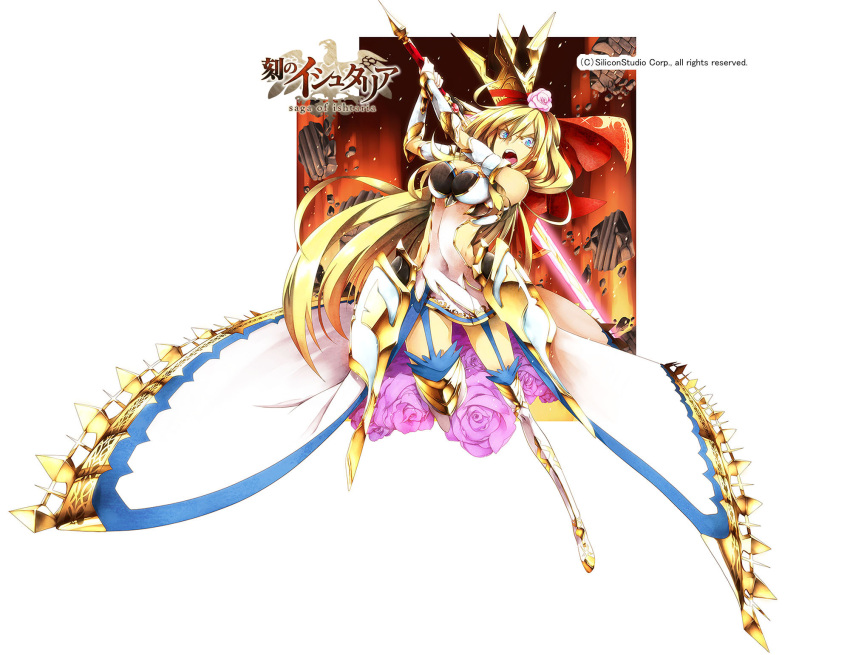 &gt;:o 1girl :o age_of_ishtaria angry armor armored_dress armpit_peek bare_shoulders blonde_hair blue_eyes boots bracer breasts cleavage commentary_request copyright_name covered_navel crown flower garter_straps glowing glowing_sword glowing_weapon greaves hair_flower hair_ornament hair_ribbon hairband highres holding holding_sword holding_weapon incoming_attack ishida_kazuma long_hair looking_at_viewer medium_breasts official_art open_mouth original pink_rose red_ribbon ribbon rose sleeveless solo sword thigh-highs thigh_boots very_long_hair weapon