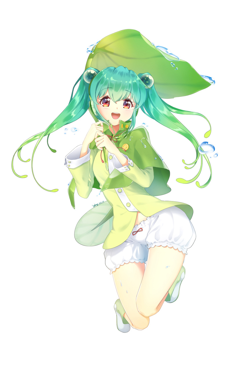1girl 2016 :d alternate_eye_color ankle_boots aqua_hair bangs bloomers blush boots breasts buttons capelet dated eyebrows eyebrows_visible_through_hair eyelashes frog_eyes full_body gradient_hair green_boots green_hair hair_ornament hatsune_miku headphones highres holding_leaf jumping leaf_umbrella long_hair long_sleeves looking_at_viewer multicolored_hair open_mouth p.p_(operson_nangko) red_eyes rubber_boots shorts signature simple_background small_breasts smile solo sphere thigh_gap twintails underwear very_long_hair vocaloid water_drop wet white_background white_shorts