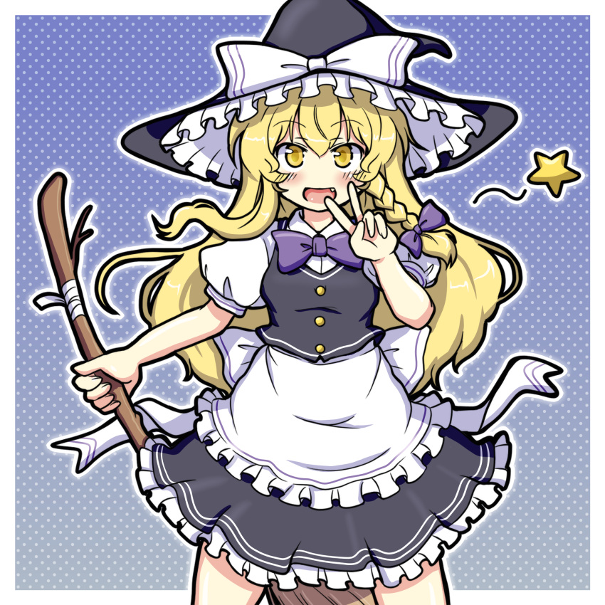 1girl :d apron blonde_hair blush bow bowtie braid broom collared_shirt commentary_request cowboy_shot eruru_(erl) fang hair_bow hat hat_bow highres kirisame_marisa long_hair looking_at_viewer miniskirt open_mouth puffy_short_sleeves puffy_sleeves shirt short_sleeves side_braid single_braid skirt smile solo star touhou v vest waist_apron wavy_hair witch_hat yellow_eyes ze_(phrase)
