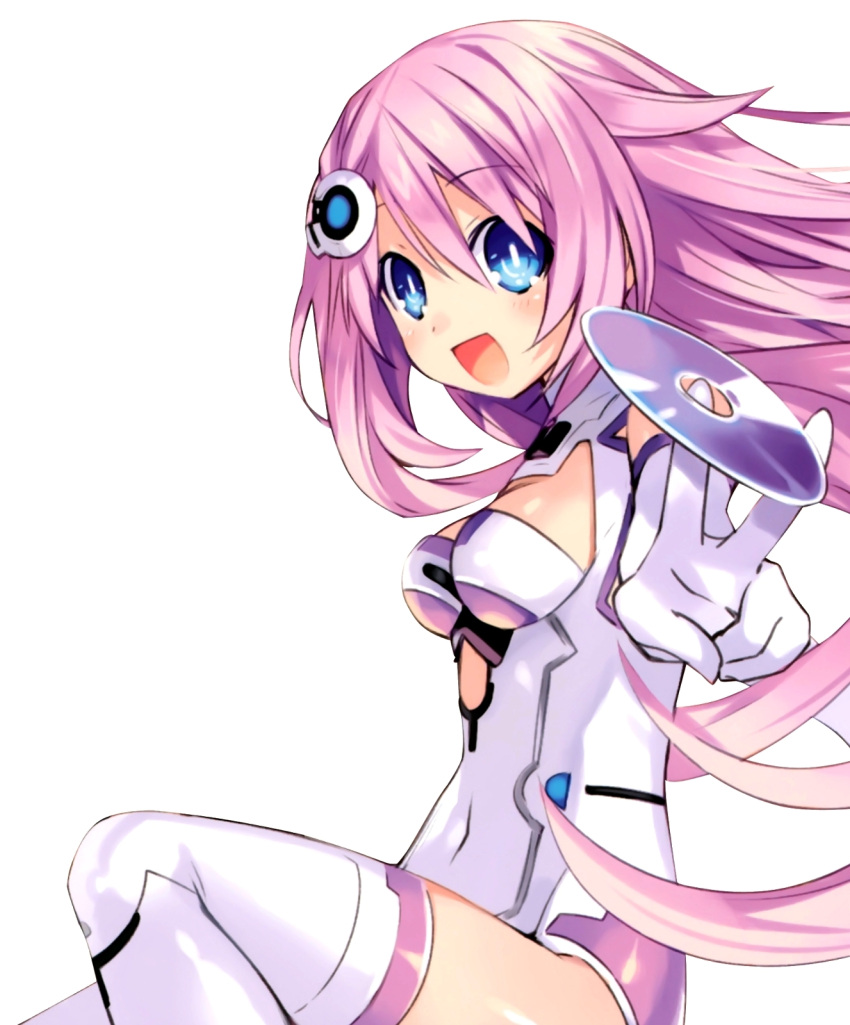 1girl bare_shoulders blue_eyes cd choujigen_game_neptune choujigen_game_neptune_mk2 elbow_gloves gloves hair_between_eyes hair_ornament halterneck highres leotard long_hair looking_at_viewer nepgear neptune_(series) open_mouth pink_hair power_symbol purple_sister simple_background smile solo symbol-shaped_pupils thigh-highs tsunako v white_background white_legwear