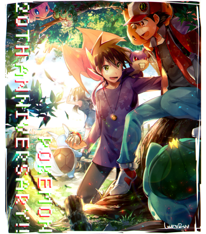 1girl 2boys anniversary baseball_cap blue_(pokemon) blue_(pokemon)_(classic) brown_hair bulbasaur caterpie charizard copyright_name dress green_eyes hat highres holding holding_poke_ball jacket jewelry long_hair looking_at_another mew multiple_boys naru_(andante) necklace ookido_green ookido_green_(classic) open_clothes open_jacket pikachu poke_ball pokemon pokemon_(creature) pokemon_(game) pokemon_rgby rattata red_(pokemon) red_(pokemon)_(classic) red_eyes shade signature smile spiky_hair tree wartortle