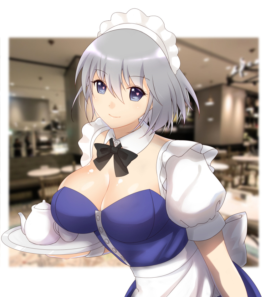 1girl adapted_costume apron blue_dress blue_eyes blurry_background breasts ceiling cleavage cup detached_collar dress grey_hair hair_between_eyes heart heart-shaped_pupils highres indoors izayoi_sakuya large_breasts looking_at_viewer maid maid_apron maid_headdress photo_background puffy_short_sleeves puffy_sleeves shiny shiny_hair shiny_skin short_hair short_sleeves smile solo strapless strapless_dress symbol-shaped_pupils table teacup teapot touhou tray upper_body wrist_cuffs x&amp;x&amp;x