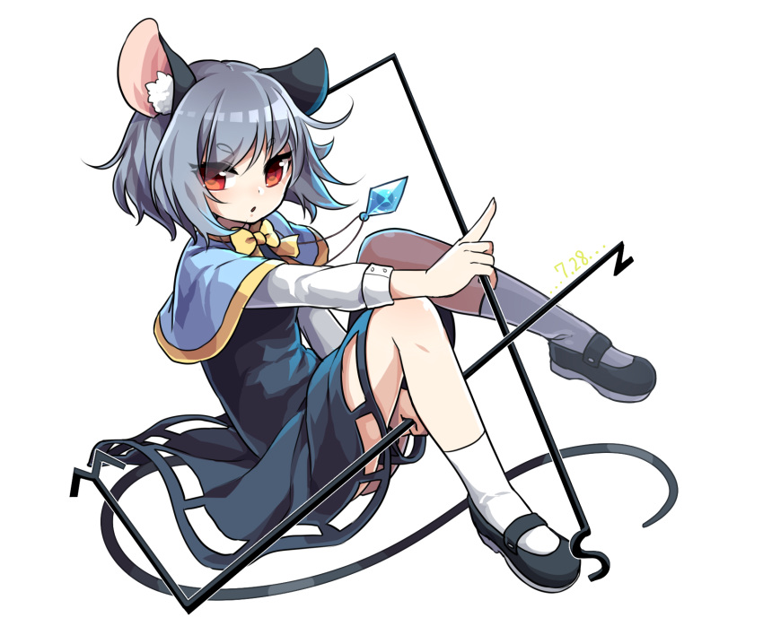 1girl animal_ears dated dowsing_rod eyebrows eyebrows_visible_through_hair highres jewelry kozakura_(dictionary) looking_at_viewer mouse_ears mouse_tail nazrin open_mouth pendant red_eyes short_hair silver_hair sitting solo tail touhou
