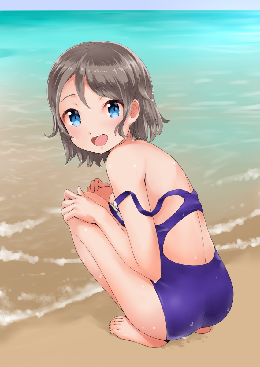 1girl ass back barefoot beach blue_eyes blue_sky blush brown_hair competition_swimsuit from_behind highres looking_at_viewer looking_back love_live! love_live!_sunshine!! ocean off_shoulder one-piece_swimsuit open_mouth outdoors rin2008 sand short_hair sky smile solo squatting strap_slip swimsuit swimsuit_pull watanabe_you water wet