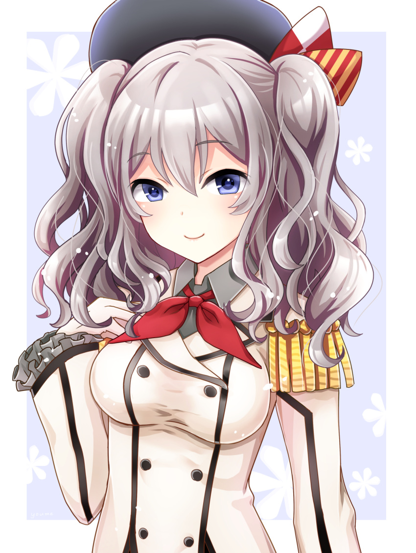 1girl beret blue_eyes blue_moment breasts epaulettes frilled_sleeves frills gloves grey_eyes hat highres kantai_collection kashima_(kantai_collection) long_hair looking_at_viewer military military_uniform silver_hair smile solo uniform white_gloves