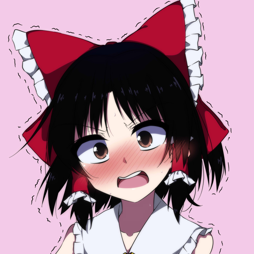 1girl absurdres bare_shoulders black_hair blush bow d: embarrassed face frills hair_bow hair_tubes hakurei_reimu highres kobashino open_mouth pink_background portrait raised_eyebrows red_eyes round_teeth simple_background solo sweat teeth touhou trembling