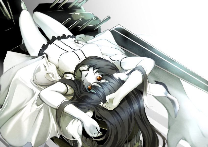 1girl anchorage_water_oni black_hair black_nails breasts high_heels kantai_collection koruta_(nekoimo) large_breasts lips looking_to_the_side lying nail_polish on_back pale_skin parted_lips shinkaisei-kan solo thigh_gap turret yellow_eyes