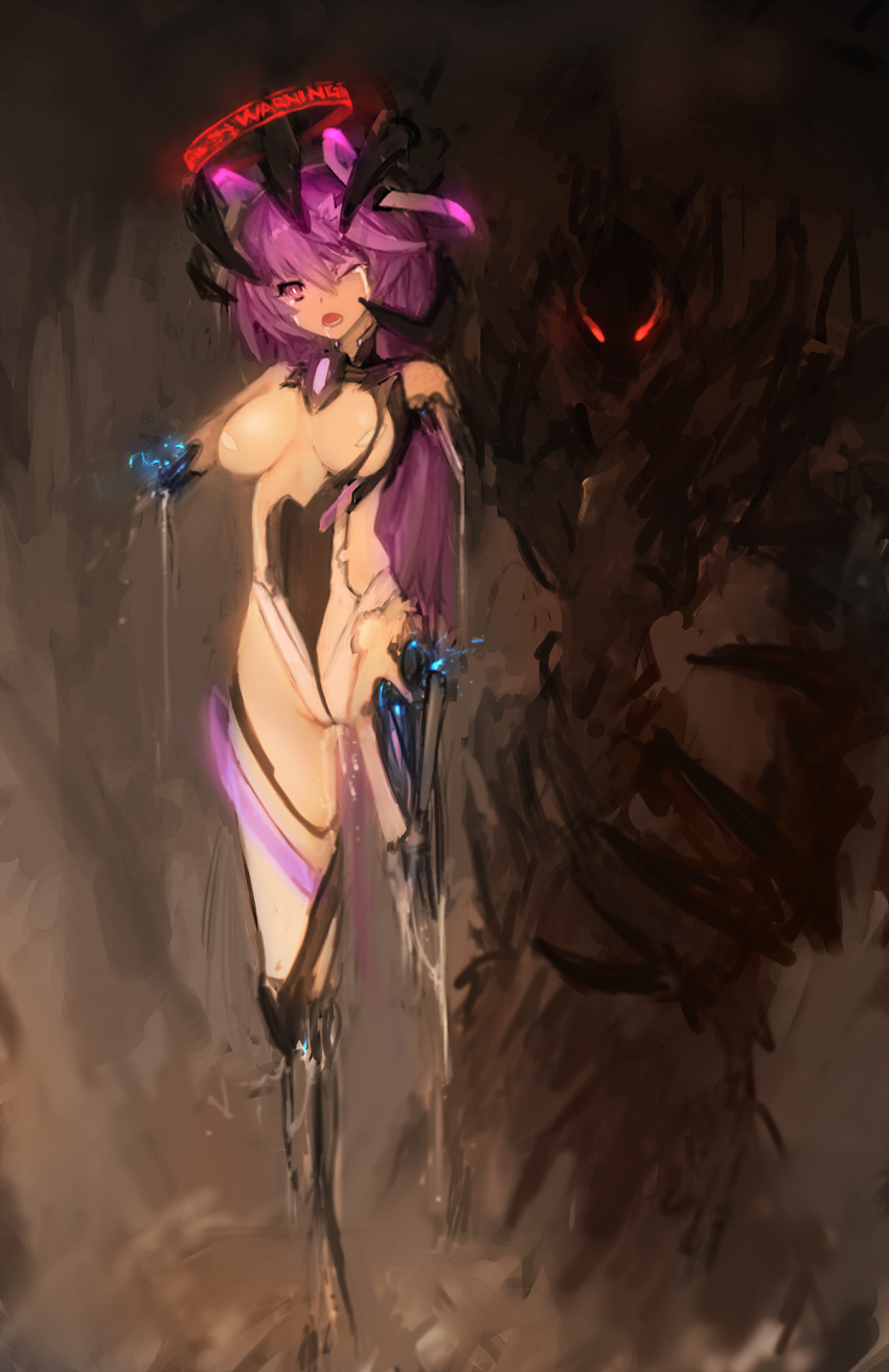 1girl android breasts cable cyborg damaged hanshu highres injury long_hair looking_at_viewer machinery mecha_musume nude one_eye_closed original parts_exposed pink_eyes pink_hair red_eyes sparks tears torn_clothes