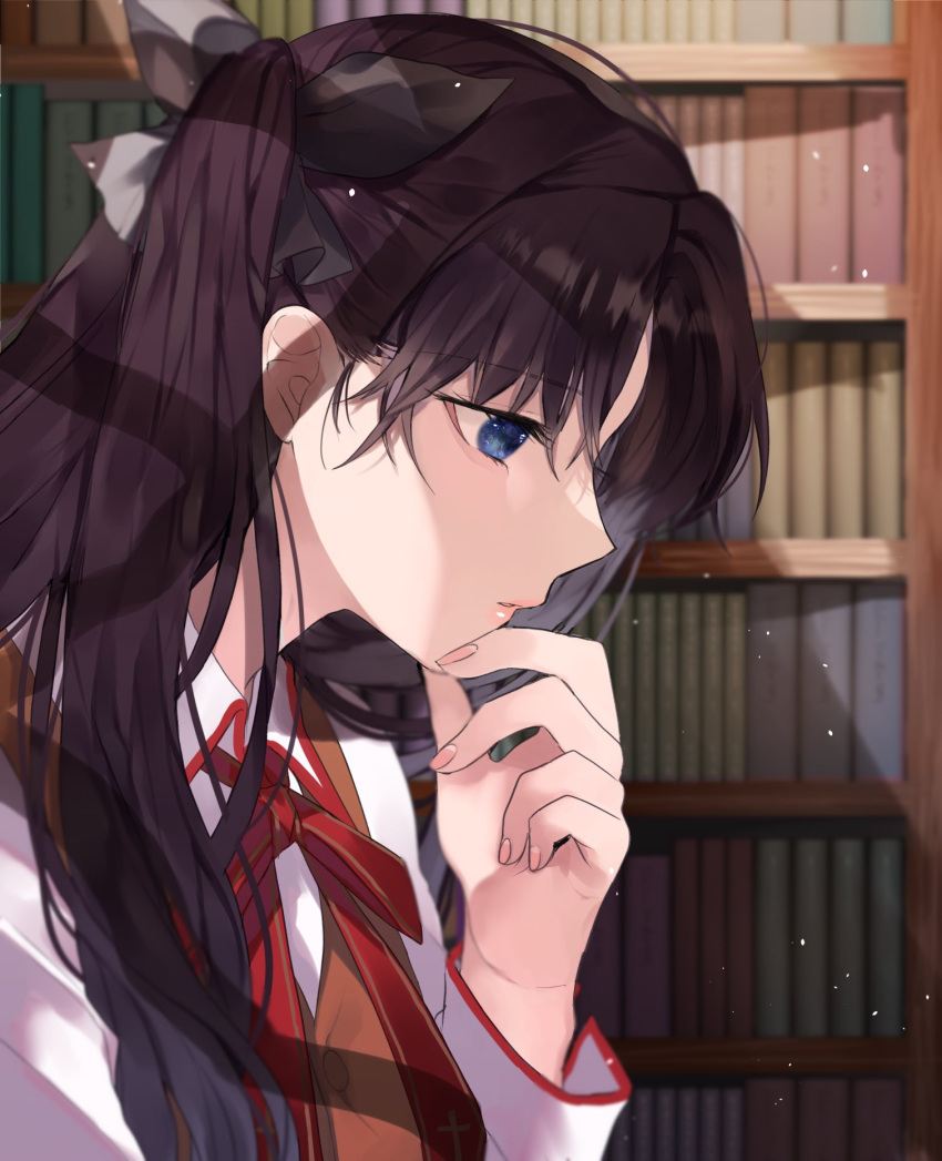 1girl bangs black_hair blue_eyes book bookshelf commentary_request fate/stay_night fate_(series) from_side hair_ribbon hand_on_own_chin hand_up highres library long_hair long_sleeves looking_down neck_ribbon parted_lips red_ribbon ribbon shimatori_(sanyyyy) shirt solo thinking tohsaka_rin two_side_up vest white_shirt