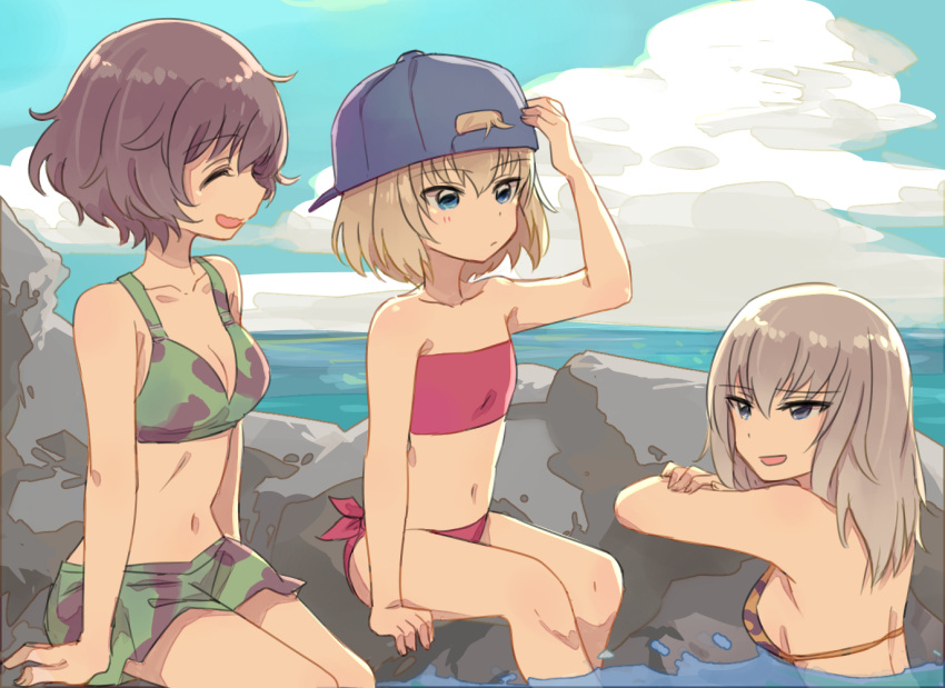 3girls akiyama_yukari backwards_hat baseball_cap bikini bikini_skirt black_hair blue_eyes brown_hair camouflage camouflage_bikini closed_eyes flat_chest girls_und_panzer hand_on_headwear hat itsumi_erika katyusha long_hair monsieur multiple_girls red_bikini short_hair side-tie_bikini strapless swimsuit tubetop water