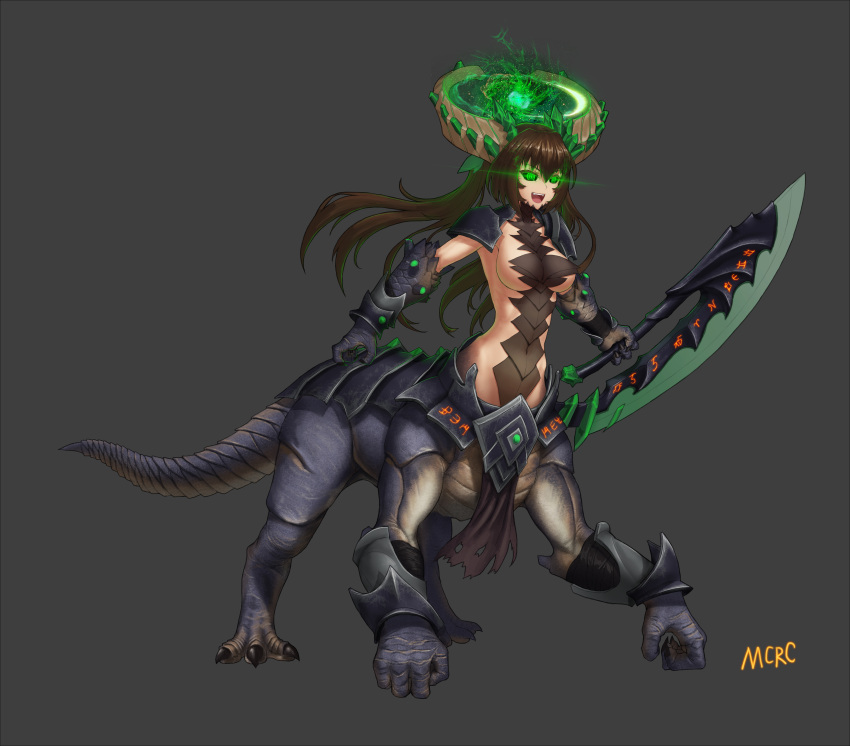 1girl :d absurdres artist_name black_sclera brown_hair centauroid defense_of_the_ancients demon_girl dota_2 glowing glowing_eyes green_eyes highres horns mcrc_science monster_girl open_mouth runes smile sword twintails underlord_(dota) weapon