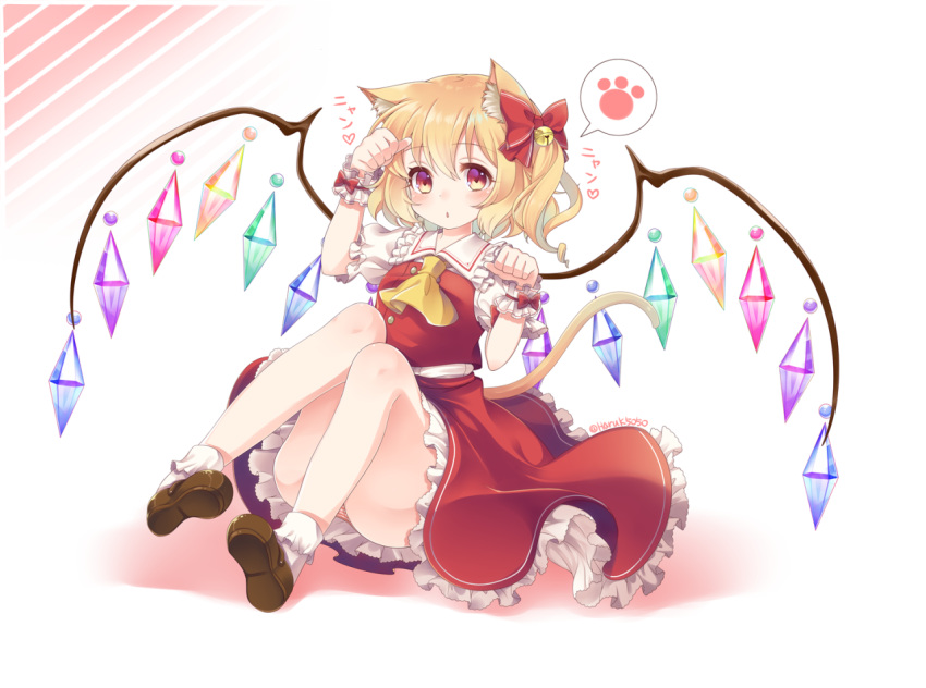 1girl :o animal_ears ascot bell bent_knees blonde_hair blush bobby_socks bow brown_shoes cat_ears cat_tail crystal flandre_scarlet frilled_shirt_collar frilled_skirt frills full_body hair_bell hair_bow hair_ornament haruki_5050 heart jingle_bell kemonomimi_mode looking_at_viewer no_hat no_headwear panties pantyshot paw_pose paws puffy_short_sleeves puffy_sleeves red_bow red_eyes red_skirt red_vest shoes short_sleeves side_ponytail sitting skirt skirt_set socks solo spoken_object striped striped_panties tail touhou twitter_username underwear white_background white_legwear wings wrist_cuffs