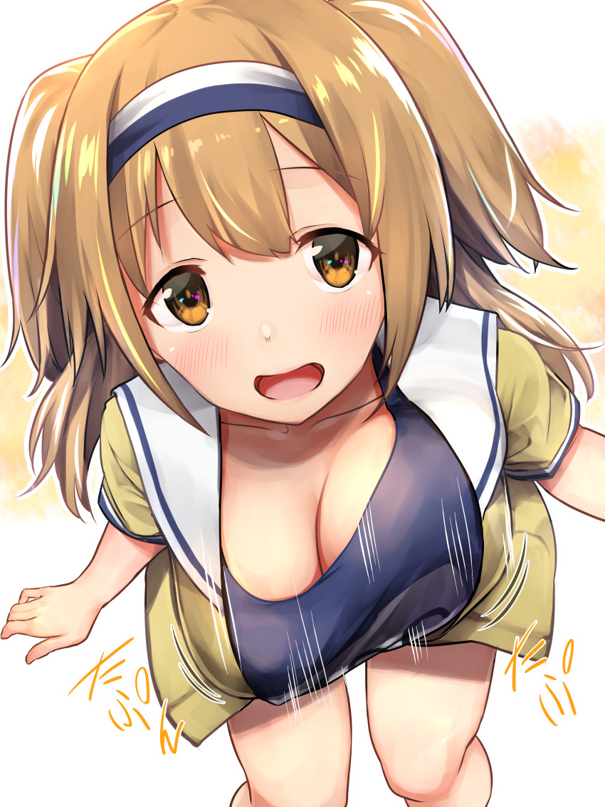 1girl absurdres baffu blush bouncing_breasts breasts hairband highres i-26_(kantai_collection) kantai_collection large_breasts light_brown_eyes light_brown_hair long_hair looking_up motion_lines open_mouth school_swimsuit smile solo swimsuit swimsuit_under_clothes two_side_up