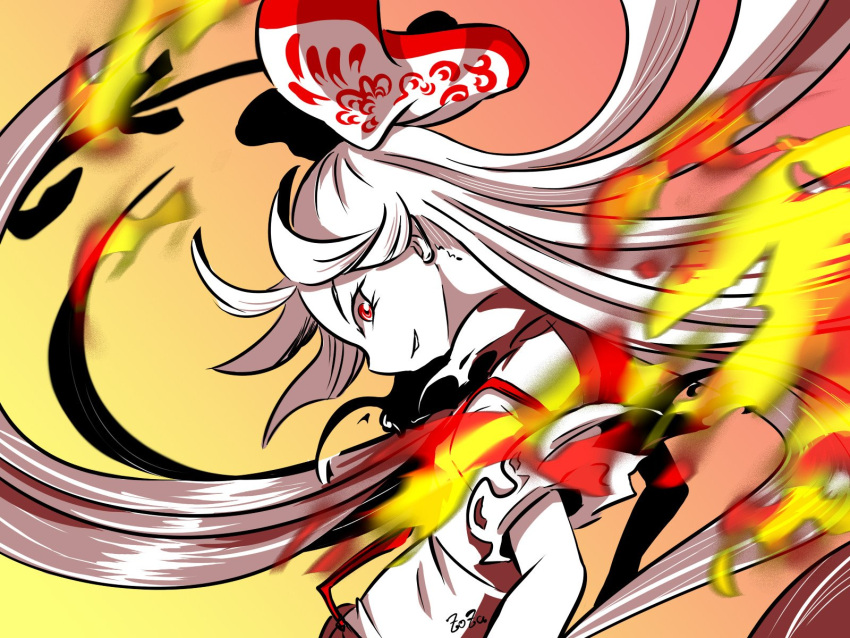 1girl artist_name blurry bow depth_of_field fire from_behind fujiwara_no_mokou hair_bow hair_ribbon highres long_hair looking_at_viewer looking_back overalls pale_skin red_eyes ribbon shirt short_sleeves signature smile solo standing touhou upper_body very_long_hair white_hair zoza