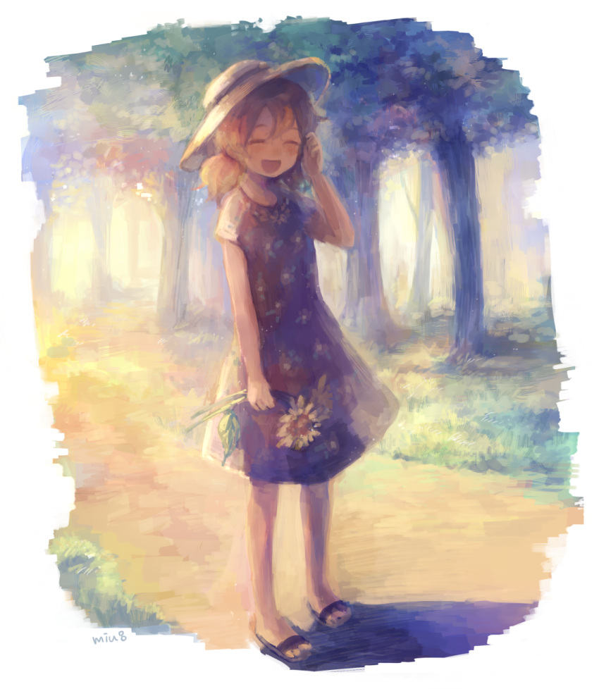 1girl :d ^_^ artist_name blonde_hair blush closed_eyes dress floral_print flower full_body grass hair_between_eyes hat highres holding holding_flower miu_pachi open_mouth original outdoors path road sandals short_sleeves smile solo standing tree twintails