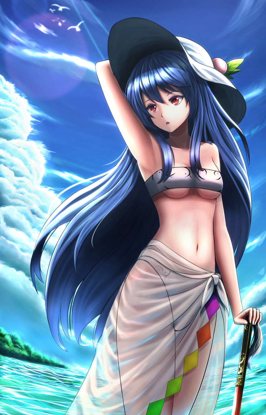 1girl :o adapted_costume animal arm_up armpits bikini bird blue_hair blue_sky breasts clouds collarbone colored_eyelashes day food fruit grey_hat hat_ornament highres hinanawi_tenshi leaf legs_together light_rays long_hair looking_to_the_side maitake_(maitake1234) medium_breasts navel ocean open_mouth outdoors peach red_eyes sarong see-through sky solo stomach strapless strapless_bikini summer sunlight swimsuit tassel touhou under_boob very_long_hair water white_bikini