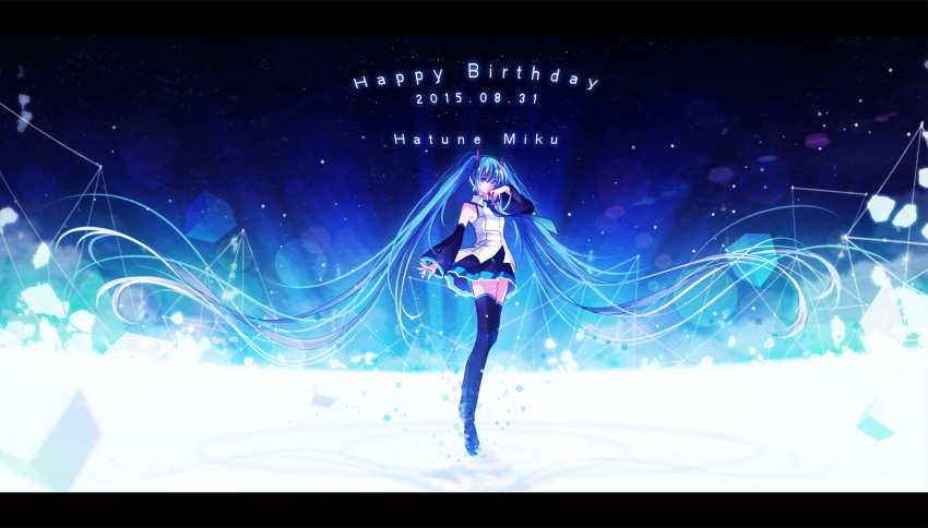 1girl 2015 absurdly_long_hair bare_shoulders birthday black_boots black_skirt blue_eyes blue_hair blue_necktie boots character_name dated detached_sleeves hair_ornament hatsune_miku highres long_hair looking_at_viewer mokoppe necktie pleated_skirt shirt skirt solo thigh-highs thigh_boots twintails very_long_hair vocaloid white_shirt
