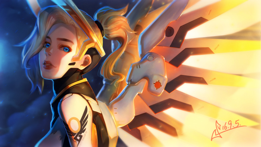 1girl backlighting bangs blonde_hair blue_eyes bodysuit breastplate breasts clothes_writing clouds cloudy_sky dated eyelashes from_side glowing glowing_wings hair_ornament hair_tie headgear high_ponytail highres lips lipstick long_hair looking_at_viewer makeup mechanical_halo mechanical_wings mercy_(overwatch) night night_sky overwatch parted_lips pink_lips pink_lipstick ponytail portrait signature sky solo spread_wings squidsmith star_(sky) starry_sky turtleneck upper_body wing_print wings yellow_wings