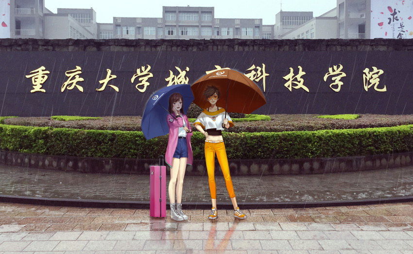 2girls :d belt belt_buckle boots brown_eyes brown_hair buckle bunny_print collarbone crop_top cross-laced_footwear d.va_(overwatch) denim denim_shorts emblem facepaint facial_mark grin hand_on_headwear hand_on_hip hand_on_own_cheek highres holding holding_umbrella jacket lace-up_boots logo long_hair long_sleeves looking_at_viewer luggage miniskirt multiple_girls open_clothes open_jacket open_mouth overwatch pants pink_jacket rain shengxie shirt shoes short_hair shorts skirt smile sneakers spiky_hair standing sunglasses tracer_(overwatch) umbrella whisker_markings white_shirt white_shoes yellow_pants