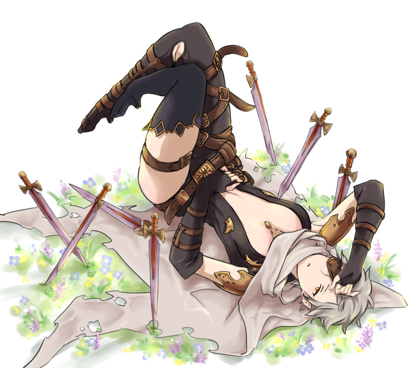 1girl :o belt black_gloves black_legwear bodysuit breasts cape center_opening elbow_gloves eyepatch flower gloves granblue_fantasy grass hand_on_own_head hand_on_own_stomach high_heels highres jewelry knife legs_together legs_up lying medium_breasts navel necklace omuraisu_(hamburger_steak) on_back open_mouth orange_eyes planted_weapon short_hair silver_hair single_thighhigh solo tania_(granblue_fantasy) thigh-highs thigh_strap torn_cape torn_clothes weapon