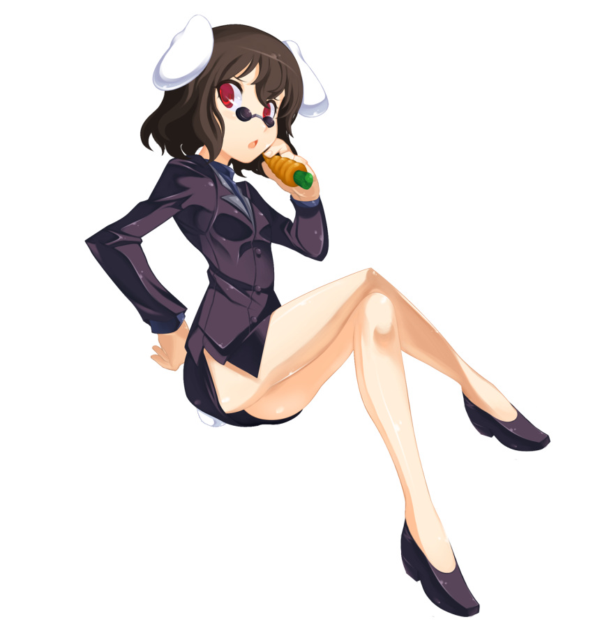 1girl animal_ears ass bare_legs black_hair bunny_tail carrot crossed_legs flat_chest formal full_body glasses highres inaba_tewi invisible_chair miniskirt pince-nez pumps rabbit_ears red_eyes short_hair side_slit sitting skirt skirt_suit solo spike_wible suit sunglasses tail touhou upskirt