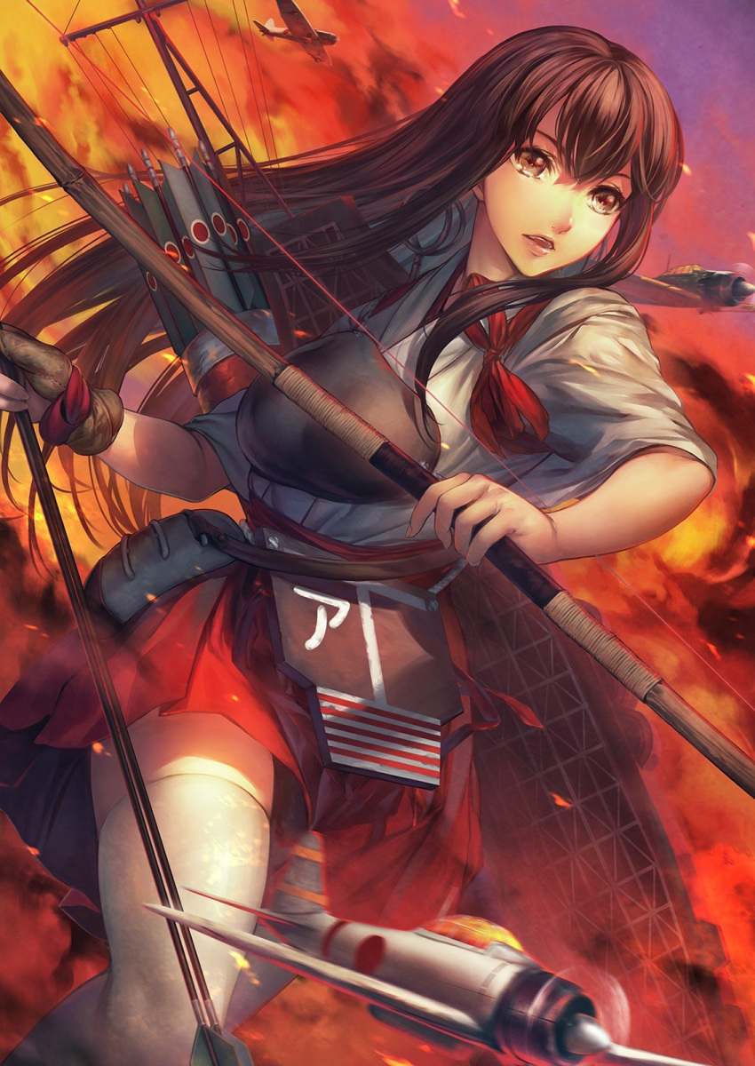 1girl aircraft airplane akagi_(kantai_collection) archery arrow bangs bow_(weapon) brown_eyes brown_hair female hakama_skirt highres holding holding_bow_(weapon) holding_weapon japanese_clothes kantai_collection long_hair looking_away muneate parted_lips quiver simosi skirt sky solo thigh-highs thighhighs twilight weapon white_legwear white_thighhighs zettai_ryouiki