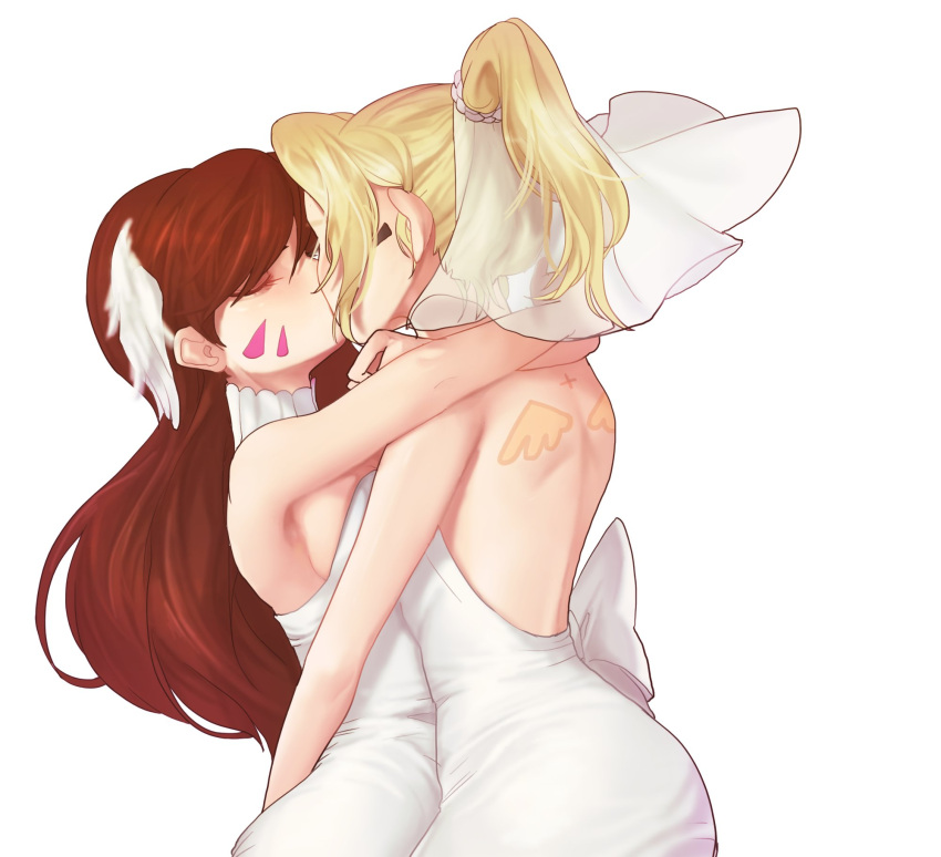 2girls back bangs bare_shoulders blonde_hair breasts brown_hair closed_eyes d.va_(overwatch) dress eyelashes facepaint facial_mark giji-p hands_on_another's_back highres hug kiss long_hair medium_breasts mercy_(overwatch) multiple_girls open-back_dress overwatch ponytail simple_background tattoo turtleneck whisker_markings white_background white_dress wife_and_wife yuri