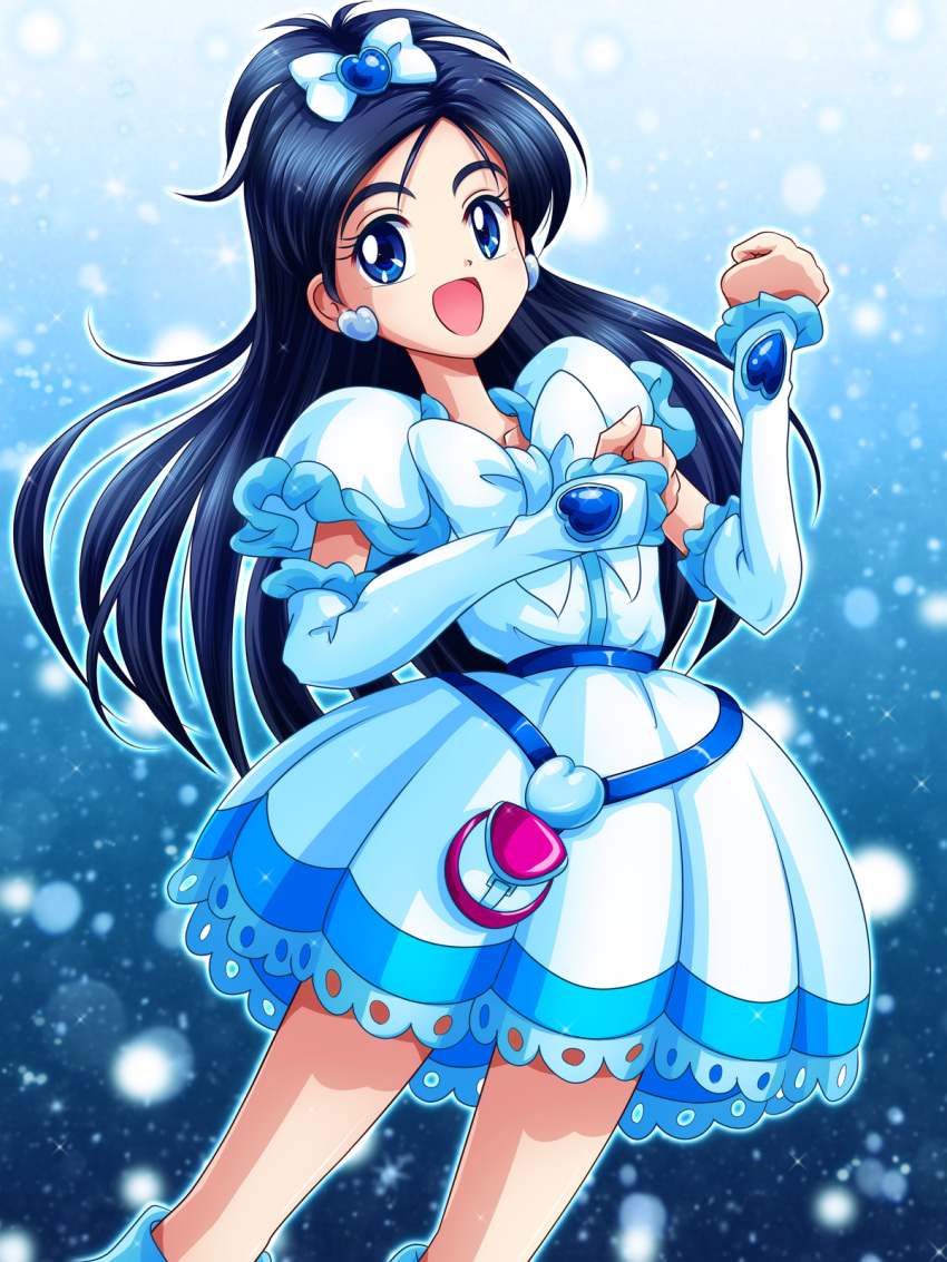1girl arm_warmers bag blue_background blue_eyes blue_hair boots bow cure_white dress earrings frills futari_wa_precure hair_ribbon half_updo heart highres jewelry knee_boots long_hair magical_girl mimimix open_mouth outstretched_arms petticoat precure ribbon smile solo white_bow white_dress yukishiro_honoka