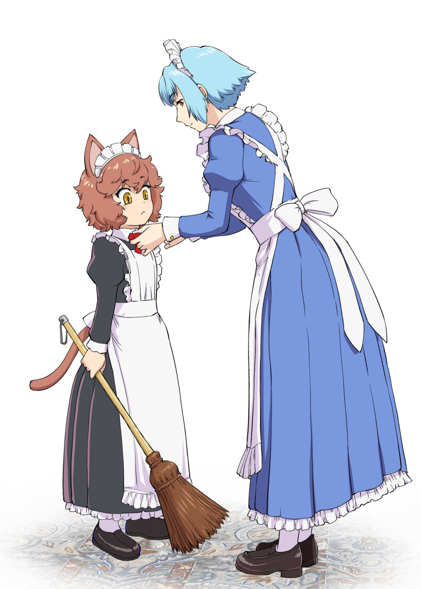 2girls :&lt; animal_ears apron blue_hair broom brown_eyes brown_hair height_difference highres holding juliet_sleeves long_sleeves maid maid_apron maid_headdress messy_hair multiple_girls original puffy_sleeves short_hair tail ueyama_michirou white_background your_tie_is_crooked