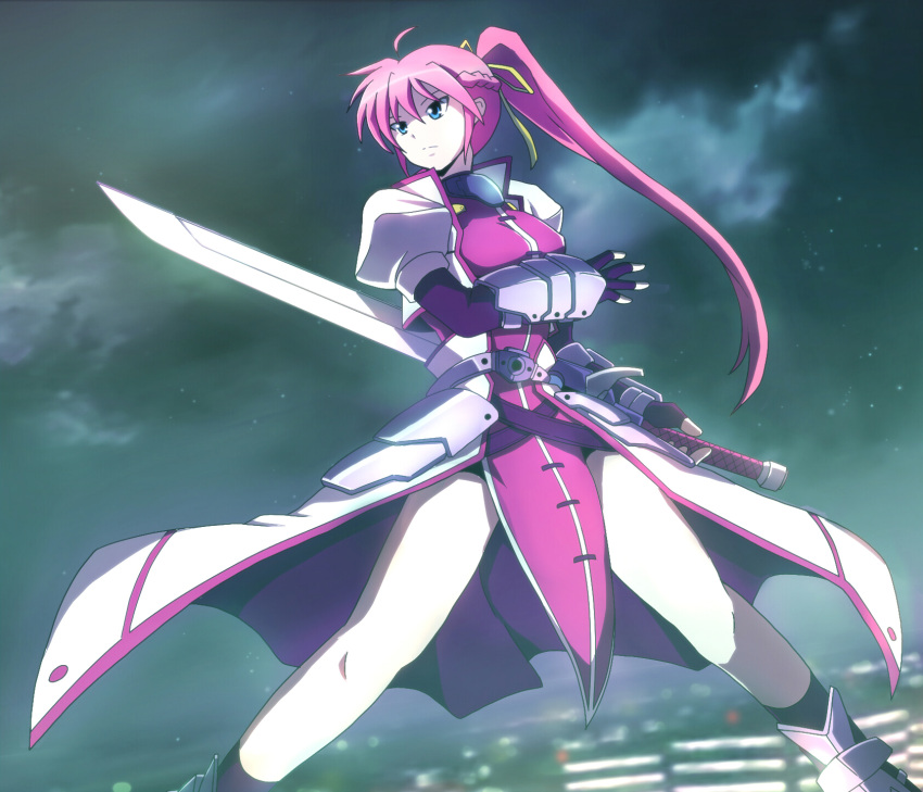 1girl ahoge armor armored_boots asumakobayashi belt blue_eyes boots braid breasts cityscape clouds cloudy_sky fingerless_gloves gloves hair_ribbon highres holding holding_sword holding_weapon knee_boots kneehighs large_breasts levantine lights long_hair long_sleeves lyrical_nanoha mahou_shoujo_lyrical_nanoha mahou_shoujo_lyrical_nanoha_a's night night_sky pink_hair ponytail puffy_short_sleeves puffy_sleeves ribbon short_sleeves signum sky solo sword waist_cape weapon
