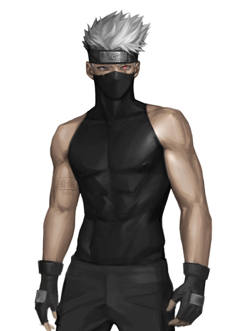 1boy absurdres black_eyes black_gloves black_headband black_pants black_shirt collarbone cowboy_shot fingerless_gloves gloves hatake_kakashi headband heterochromia highres looking_at_viewer male_focus mask naruto naruto_(series) pants red_eyes scar scar_across_eye sharingan shirt short_hair silver_hair simple_background sira_kami sleeveless sleeveless_shirt solo white_background