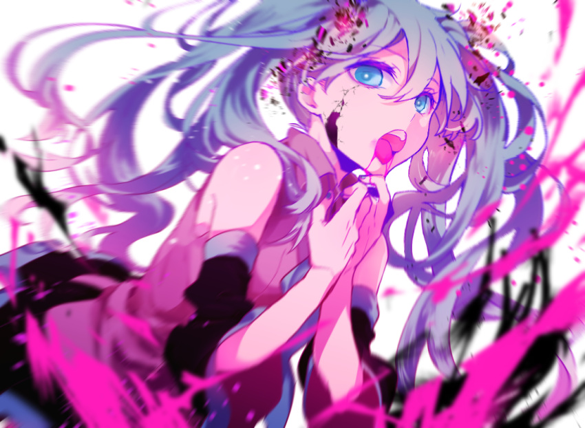 1girl aqua_hair aqua_nails black_skirt blood blood_from_mouth blue_eyes blurry collared_shirt cracked_skin depth_of_field detached_sleeves ghost_rule_(vocaloid) grey_shirt hair_between_eyes hatsune_miku long_hair nail_polish necktie open_mouth pink_blood pleated_skirt shirt skirt sleeveless sleeveless_shirt solo sorurabu tongue tongue_out twintails very_long_hair vocaloid white_background wing_collar