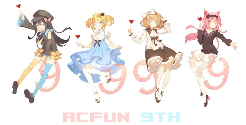 4girls 9 acfun animal_ears ankle_socks anniversary asymmetrical_legwear black_bow black_hair black_shirt blonde_hair blue_eyes blue_legwear bow bowtie brown_hair cabbie_hat cat_ears collarbone copyright_name detached_sleeves dress dress_lift eyebrows eyebrows_visible_through_hair frilled_dress frilled_skirt frilled_sleeves frills full_body green_eyes hair_bow hair_ornament hairband hat heart high_heels highres kneehighs loafers long_hair long_sleeves looking_at_viewer multiple_girls necktie number open_mouth orange_legwear outstretched_arm parted_lips pink_bow pink_eyes pink_hair pointing puffy_sleeves salute sasa_(artist) shirt shoes short_hair short_sleeves simple_background skirt sleeveless slippers smile strappy_heels thigh-highs twintails v-neck watch white_background white_bow white_legwear wide_sleeves winged_heart yellow_necktie