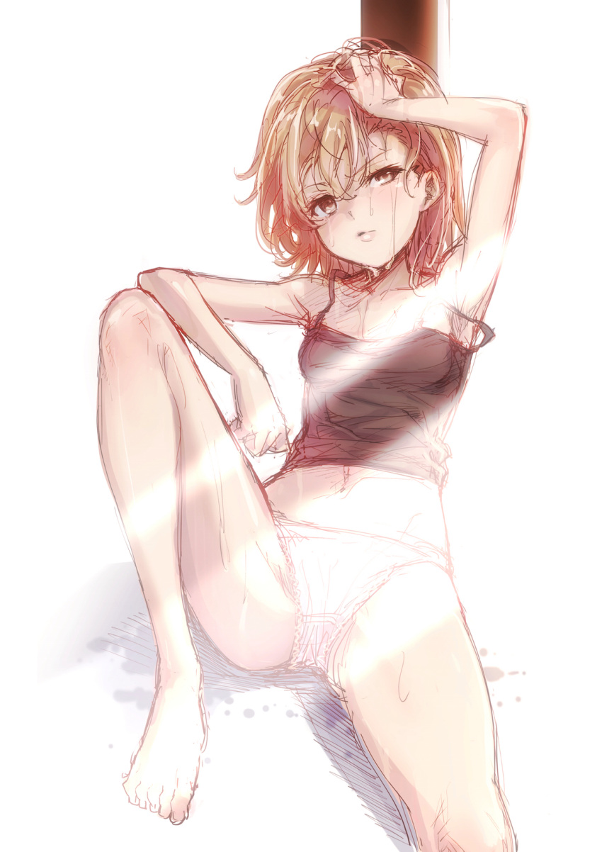 1girl arm_up armpits bangs bare_legs barefoot blush brown_eyes brown_hair dripping frown hand_on_own_head highres messy_hair misaka_mikoto navel no_pants panties puma_(hyuma1219) short_hair simple_background sitting solo spread_legs sweat sweating sweating_profusely tank_top to_aru_kagaku_no_railgun to_aru_majutsu_no_index underwear wet white_background white_panties wiping_sweat