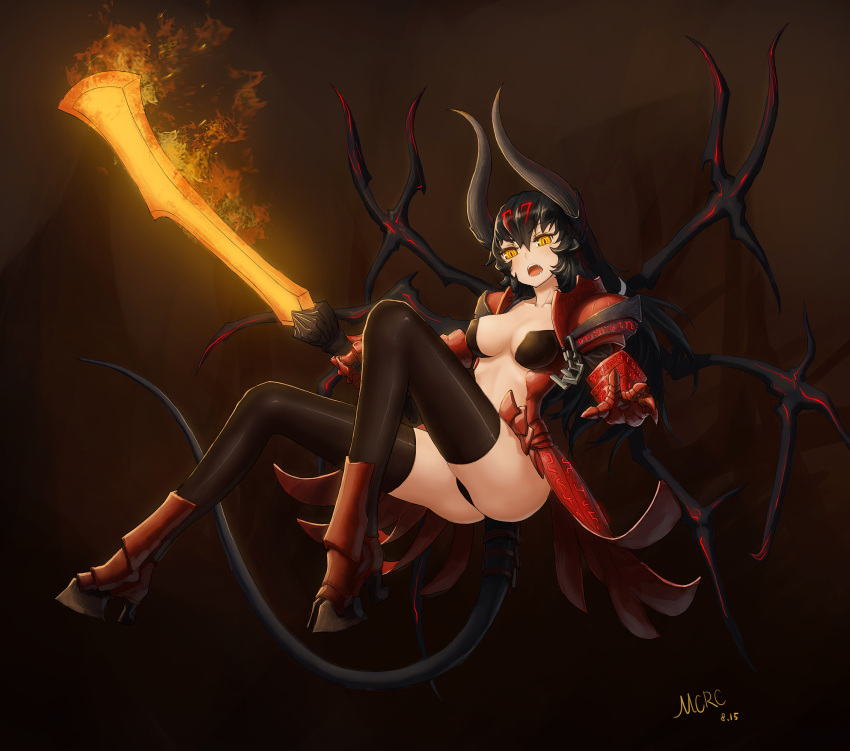 1girl armor artist_name ass black_hair black_legwear chain defense_of_the_ancients demon_girl demon_horns demon_tail doombringer_(dota) dota_2 flaming_sword highres hoof_shoes horns legs long_legs mcrc_science open_mouth slit_pupils tail thigh-highs thighs yellow_eyes